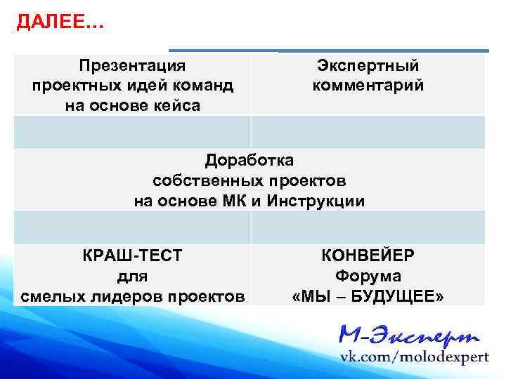 ДАЛЕЕ… Презентация проектных идей команд на основе кейса Экспертный комментарий Доработка собственных проектов на