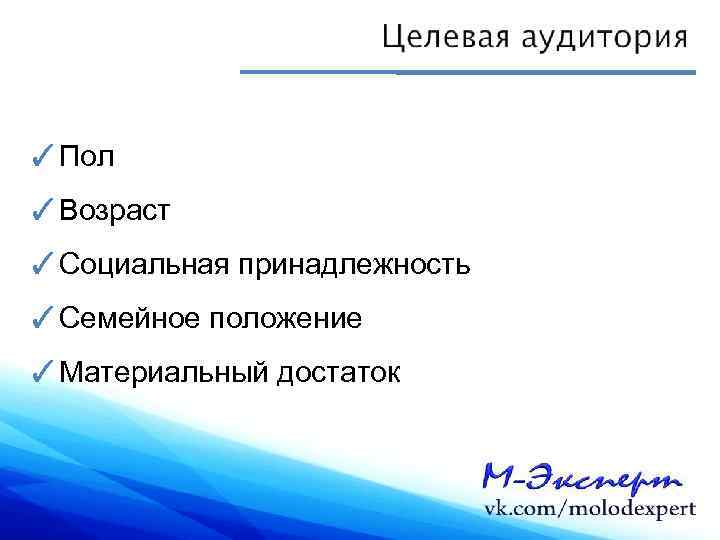 ✓Пол ✓Возраст ✓Социальная принадлежность ✓Семейное положение ✓Материальный достаток 