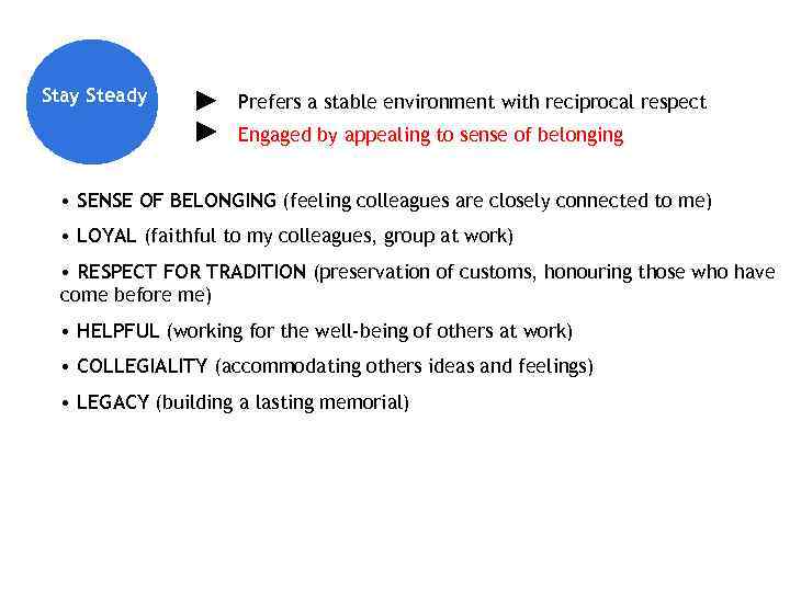 Stay Steady Prefers a stable environment with reciprocal respect Engaged by appealing to sense