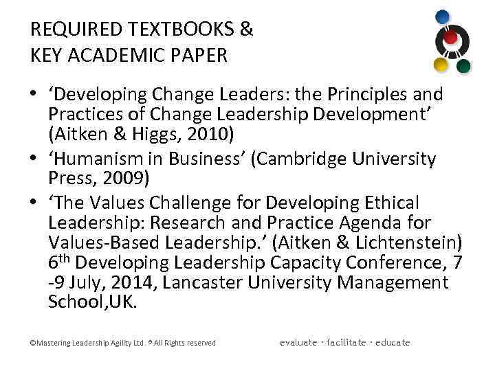 REQUIRED TEXTBOOKS & KEY ACADEMIC PAPER • ‘Developing Change Leaders: the Principles and Practices