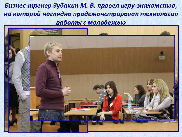 Бизнес-тренер Зубакин М. В. провел игру-знакомство, на которой наглядно продемонстрировал технологии работы с молодежью