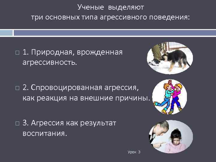 Ученые выделяют три основных типа агрессивного поведения: 1. Природная, врожденная агрессивность. 2. Спровоцированная агрессия,