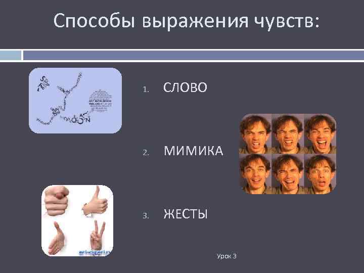Способы выражения чувств: 1. СЛОВО 2. МИМИКА 3. ЖЕСТЫ Урок 3 