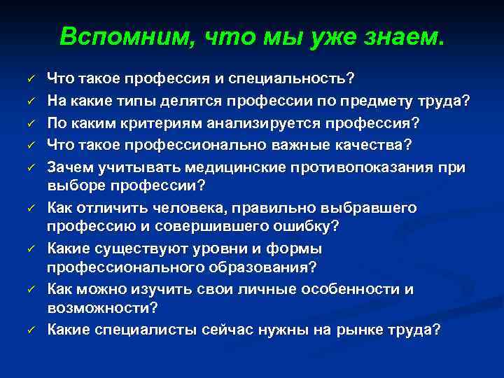 Вспомним, что мы уже знаем. ü ü ü ü ü Что такое профессия и