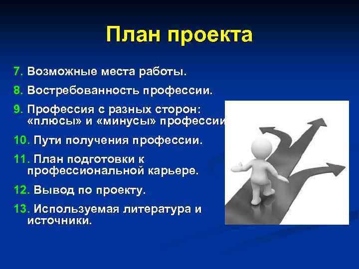 План проекта 7. Возможные места работы. 8. Востребованность профессии. 9. Профессия с разных сторон: