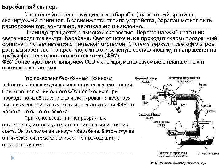 Барабанный сканер. Это полный стеклянный цилиндр (барабан) на который крепится сканируемый оригинал. В зависимости