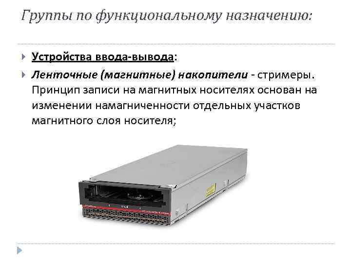 Группы по функциональному назначению: Устройства ввода-вывода: Ленточные (магнитные) накопители - стримеры. Принцип записи на