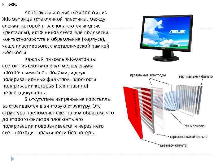  ЖК. Конструктивно дисплей состоит из ЖК-матрицы (стеклянной пластины, между слоями которой и располагаются