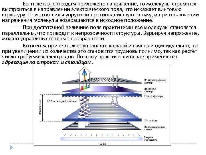 Если же к электродам приложено напряжение, то молекулы стремятся выстроиться в направлении электрического поля,