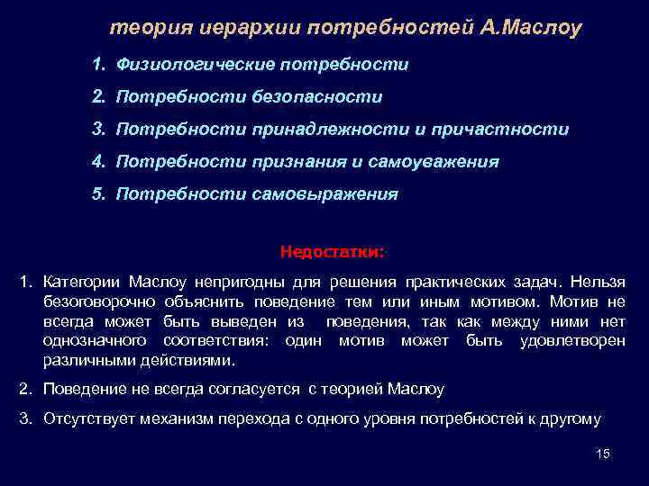 теория иерархии потребностей А. Маслоу 1. Физиологические потребности 2. Потребности безопасности 3. Потребности принадлежности