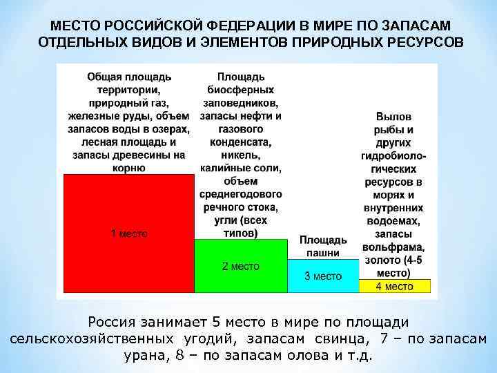 МЕСТО РОССИЙСКОЙ ФЕДЕРАЦИИ В МИРЕ ПО ЗАПАСАМ ОТДЕЛЬНЫХ ВИДОВ И ЭЛЕМЕНТОВ ПРИРОДНЫХ РЕСУРСОВ Россия