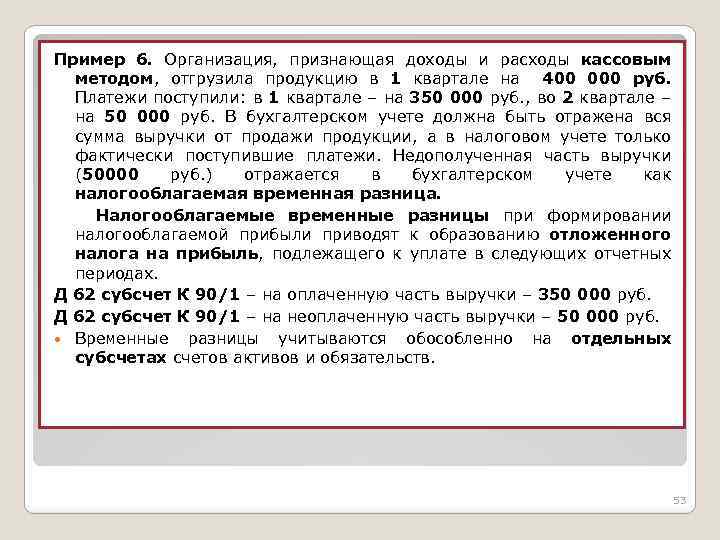 Пример 6. Организация, признающая доходы и расходы кассовым методом, отгрузила продукцию в 1 квартале