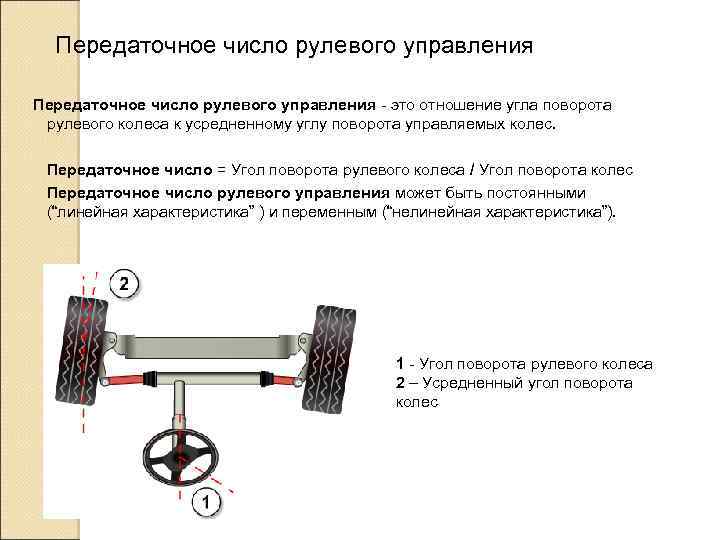 Передаточное число рулевого управления - это отношение угла поворота рулевого колеса к усредненному углу