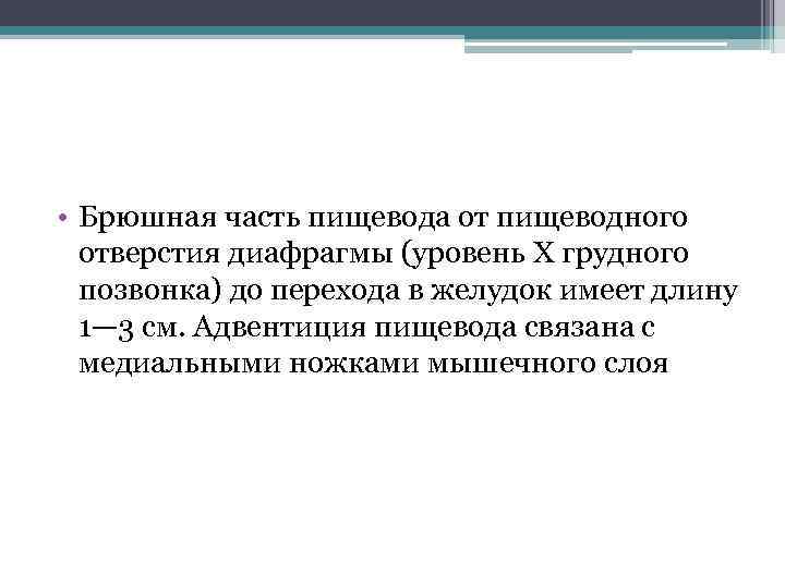  • Брюшная часть пищевода от пищеводного отверстия диафрагмы (уровень X грудного позвонка) до