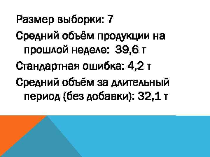 Размер выборки: 7 Средний объём продукции на прошлой неделе: 39, 6 т Стандартная ошибка: