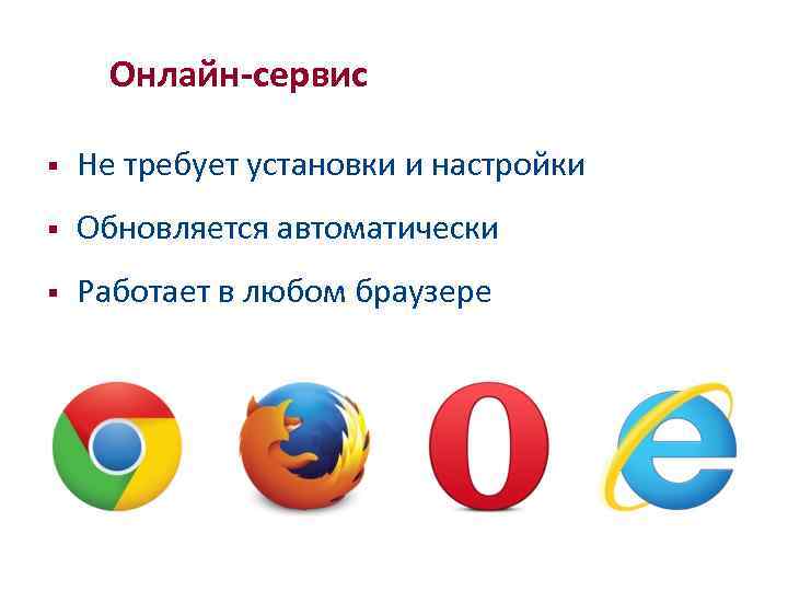 Онлайн-сервис § Не требует установки и настройки § Обновляется автоматически § Работает в любом