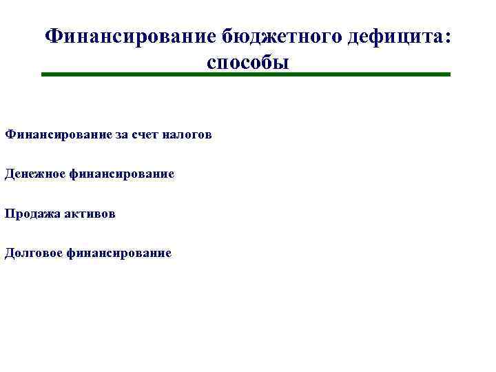 Финансирование бюджетного дефицита: способы Финансирование за счет налогов Денежное финансирование Продажа активов Долговое финансирование