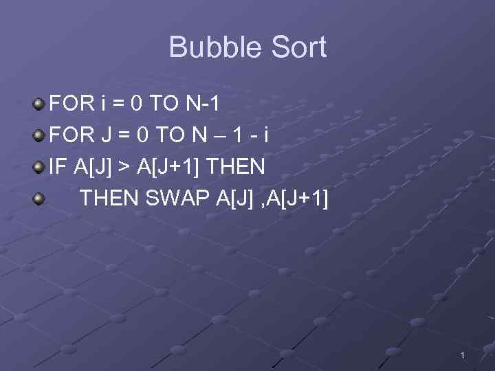 Bubble Sort FOR i = 0 TO N-1 FOR J = 0 TO N