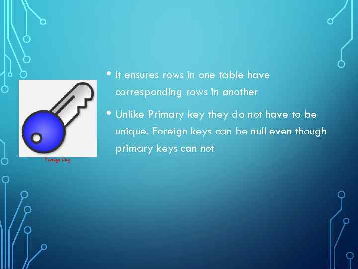  • It ensures rows in one table have corresponding rows in another •