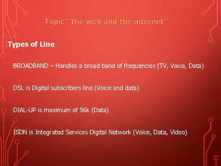 Topic “The web and the internet” Types of Line BROADBAND – Handles a broad