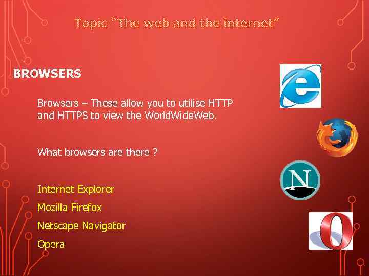 Topic “The web and the internet” BROWSERS Browsers – These allow you to utilise