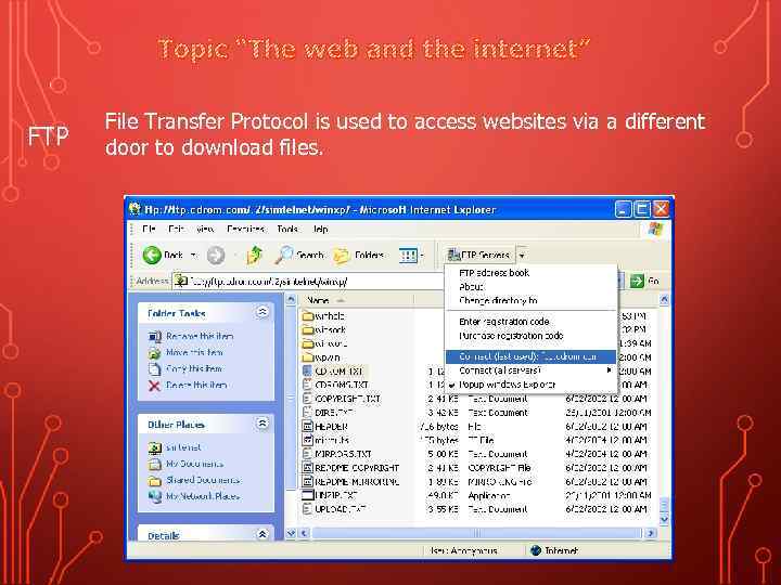 Topic “The web and the internet” FTP File Transfer Protocol is used to access