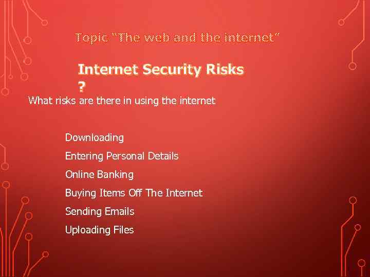 Topic “The web and the internet” Internet Security Risks ? What risks are there