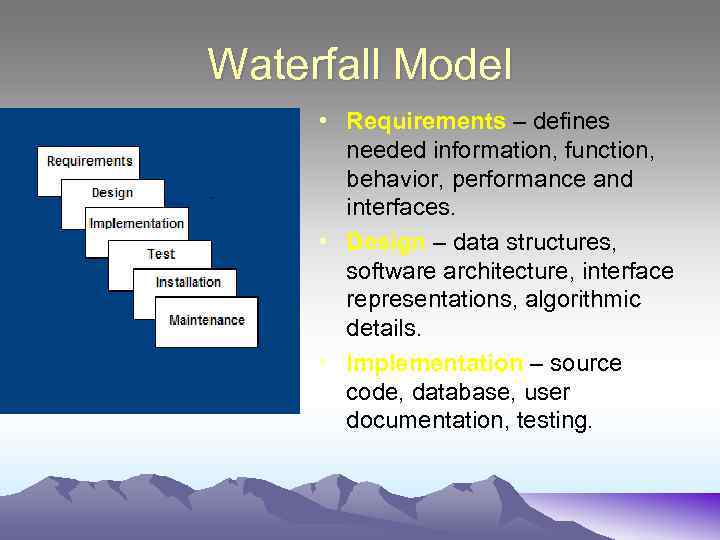 Waterfall Model • Requirements – defines needed information, function, behavior, performance and interfaces. •