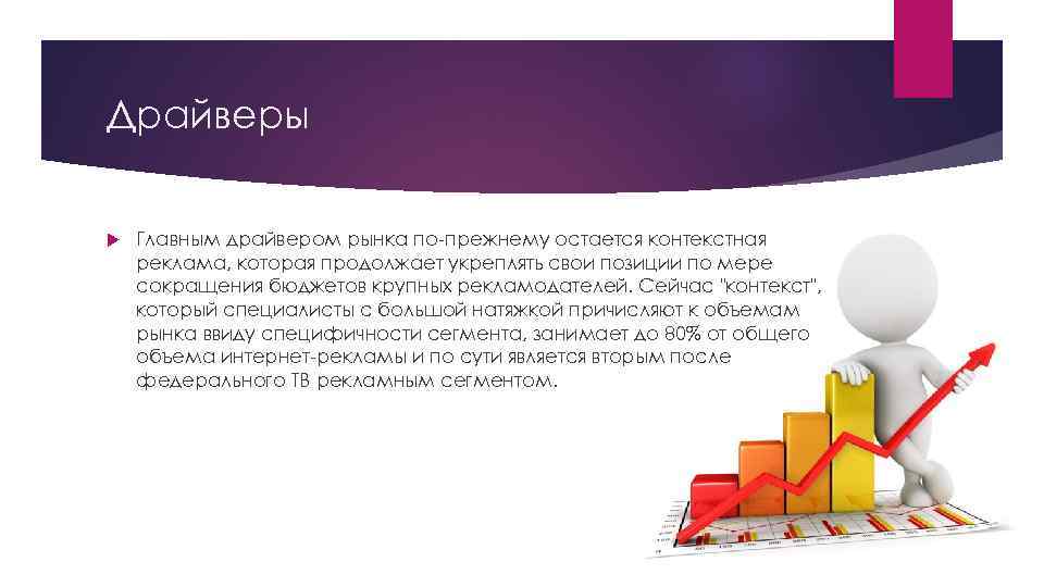 Драйверы Главным драйвером рынка по-прежнему остается контекстная реклама, которая продолжает укреплять свои позиции по