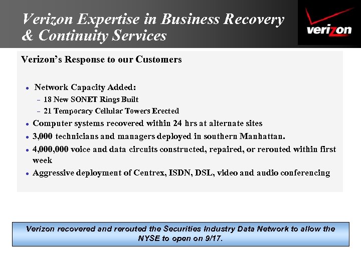 Verizon Expertise in Business Recovery & Continuity Services Verizon’s Response to our Customers l