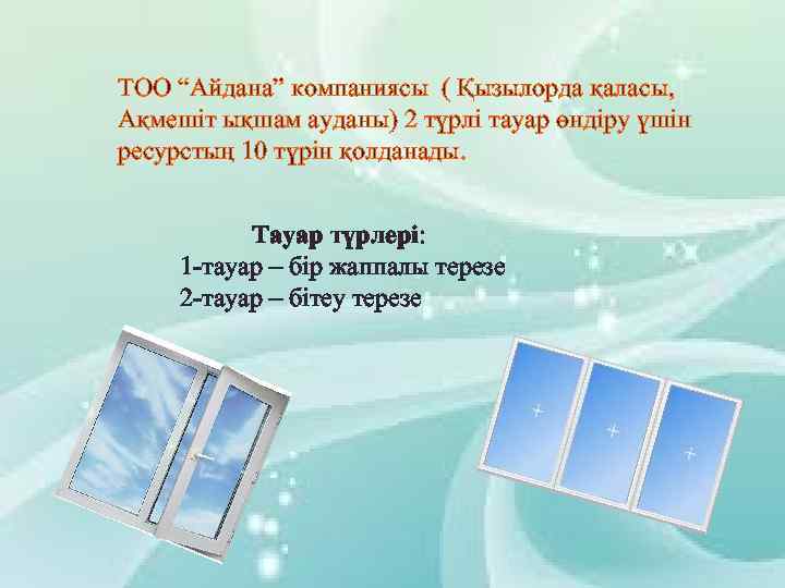 ТОО “Айдана” компаниясы ( Қызылорда қаласы, Ақмешіт ықшам ауданы) 2 түрлі тауар өндіру үшін