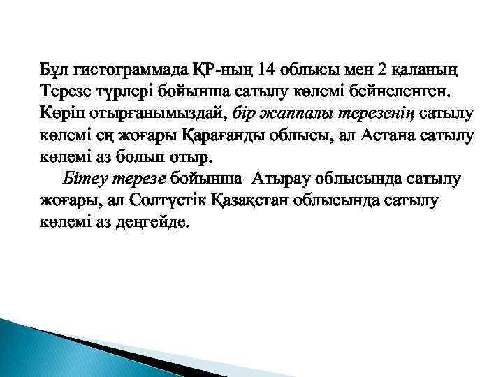 Бұл гистограммада ҚР-ның 14 облысы мен 2 қаланың Терезе түрлері бойынша сатылу көлемі бейнеленген.