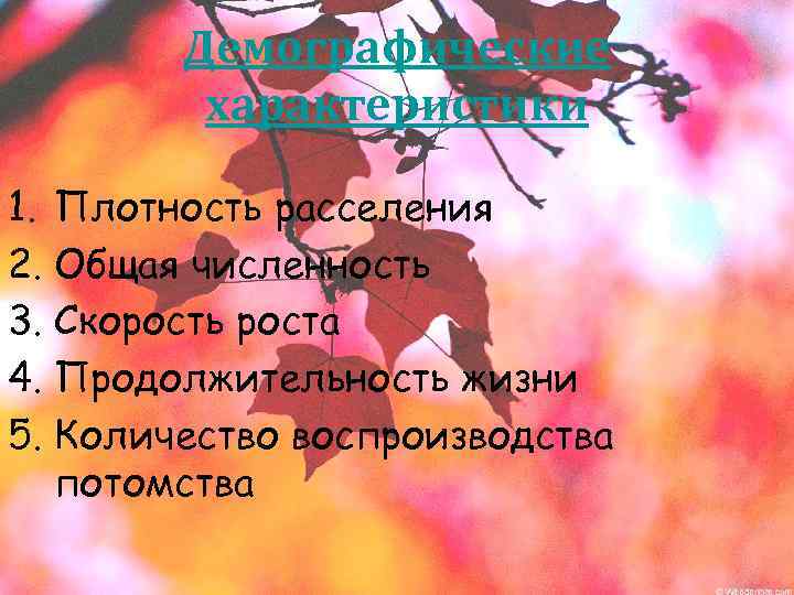 Демографические характеристики 1. Плотность расселения 2. Общая численность 3. Скорость роста 4. Продолжительность жизни