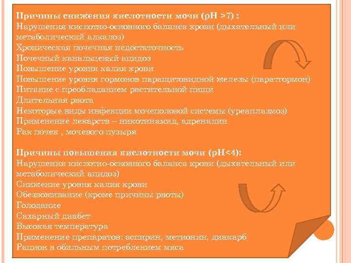 Причины снижения кислотности мочи (p. H >7) : Нарушения кислотно-основного баланса крови (дыхательный или