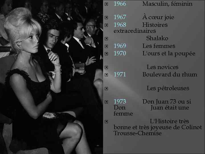  1966 1967 À cœur joie 1968 Histoires extraordinaires Shalako 1969 Les femmes 1970