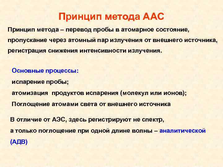Принцип метода ААС Принцип метода – перевод пробы в атомарное состояние, пропускание через атомный