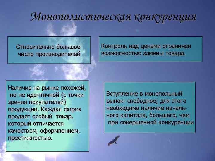 Монополистическая конкуренция Относительно большое число производителей Наличие на рынке похожей, но не идентичной (с