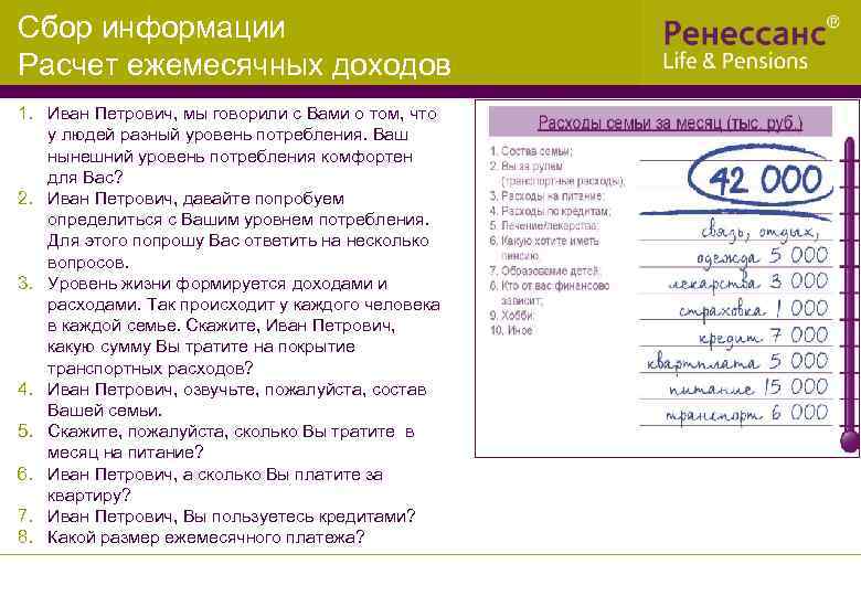 Сбор информации Расчет ежемесячных доходов 1. Иван Петрович, мы говорили с Вами о том,