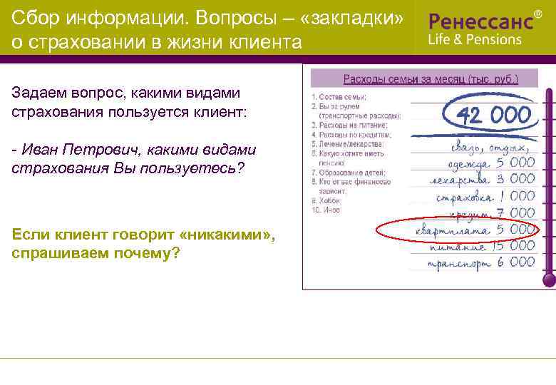 Сбор информации. Вопросы – «закладки» о страховании в жизни клиента Задаем вопрос, какими видами