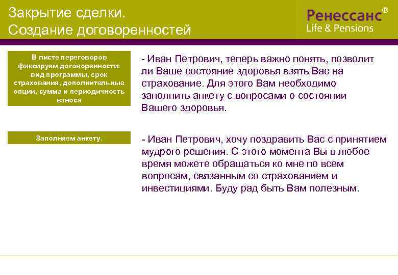 Закрытие сделки. Создание договоренностей В листе переговоров фиксируем договоренности: вид программы, срок страхования, дополнительные