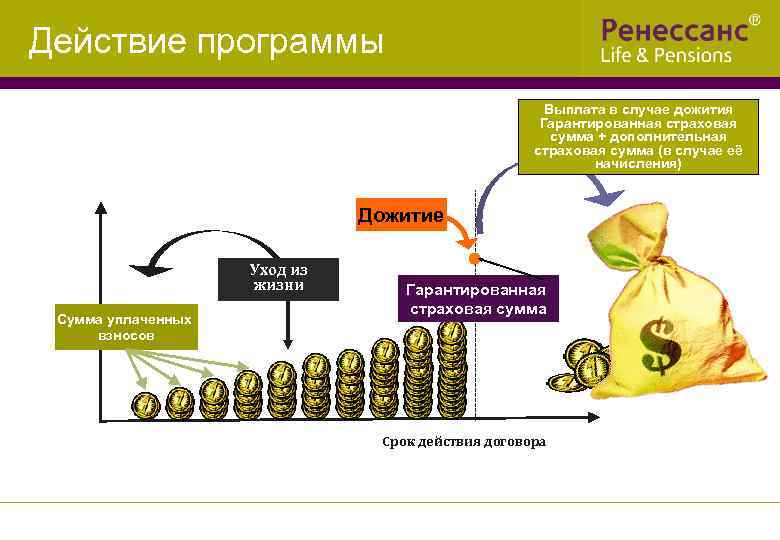 Действие программы Выплата в случае дожития Гарантированная страховая сумма + дополнительная страховая сумма (в