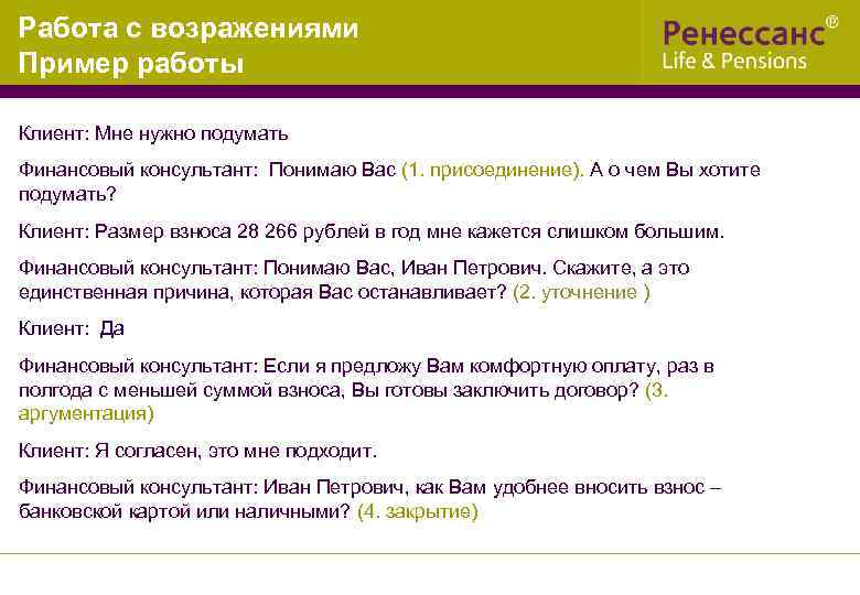 Работа с возражениями Пример работы Клиент: Мне нужно подумать Финансовый консультант: Понимаю Вас (1.