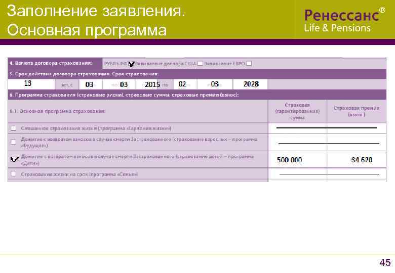 Заполнение заявления. Основная программа 45 