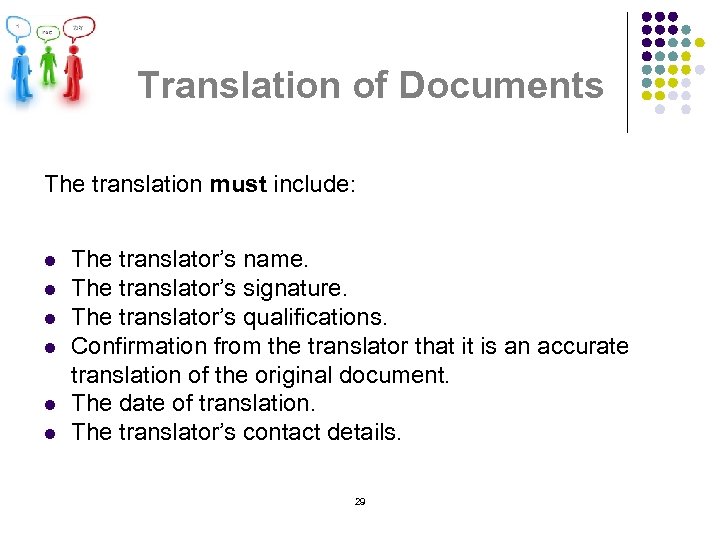 Translation of Documents The translation must include: l l l The translator’s name. The