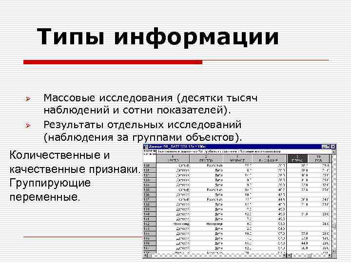 Типы информации Ø Ø Массовые исследования (десятки тысяч наблюдений и сотни показателей). Результаты отдельных