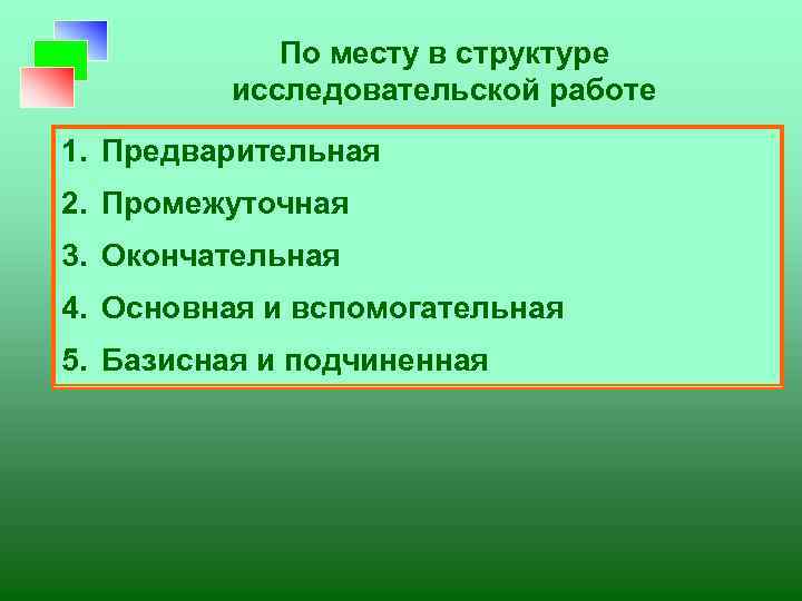 По месту в структуре исследовательской работе 1. Предварительная 2. Промежуточная 3. Окончательная 4. Основная