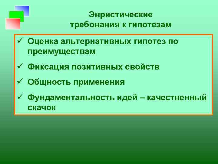 Эвристические требования к гипотезам ü Оценка альтернативных гипотез по преимуществам ü Фиксация позитивных свойств