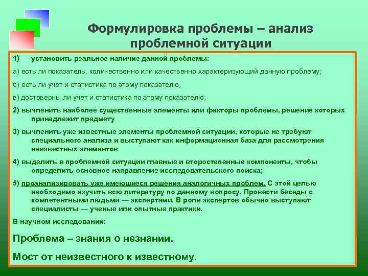 Формулировка проблемы – анализ проблемной ситуации 1) установить реальное наличие данной проблемы: а) есть