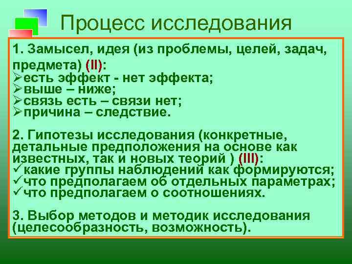 Процесс исследования 1. Замысел, идея (из проблемы, целей, задач, предмета) (II): Øесть эффект -