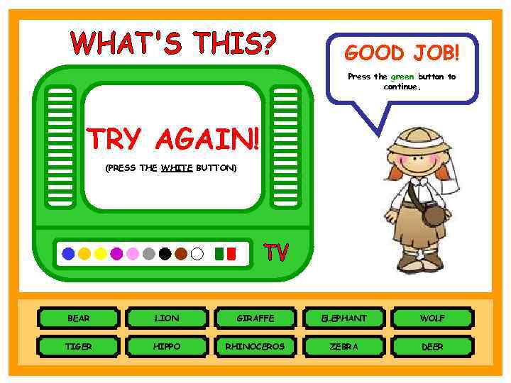 GOOD JOB! Press the green button to continue. TRY AGAIN! (PRESS THE ORANGE BUTTON)
